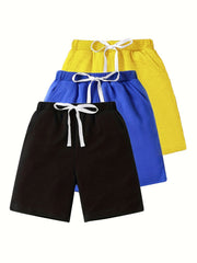 3pcs Boys Solid Cotton Shorts Quick drying Drawstring Shorts