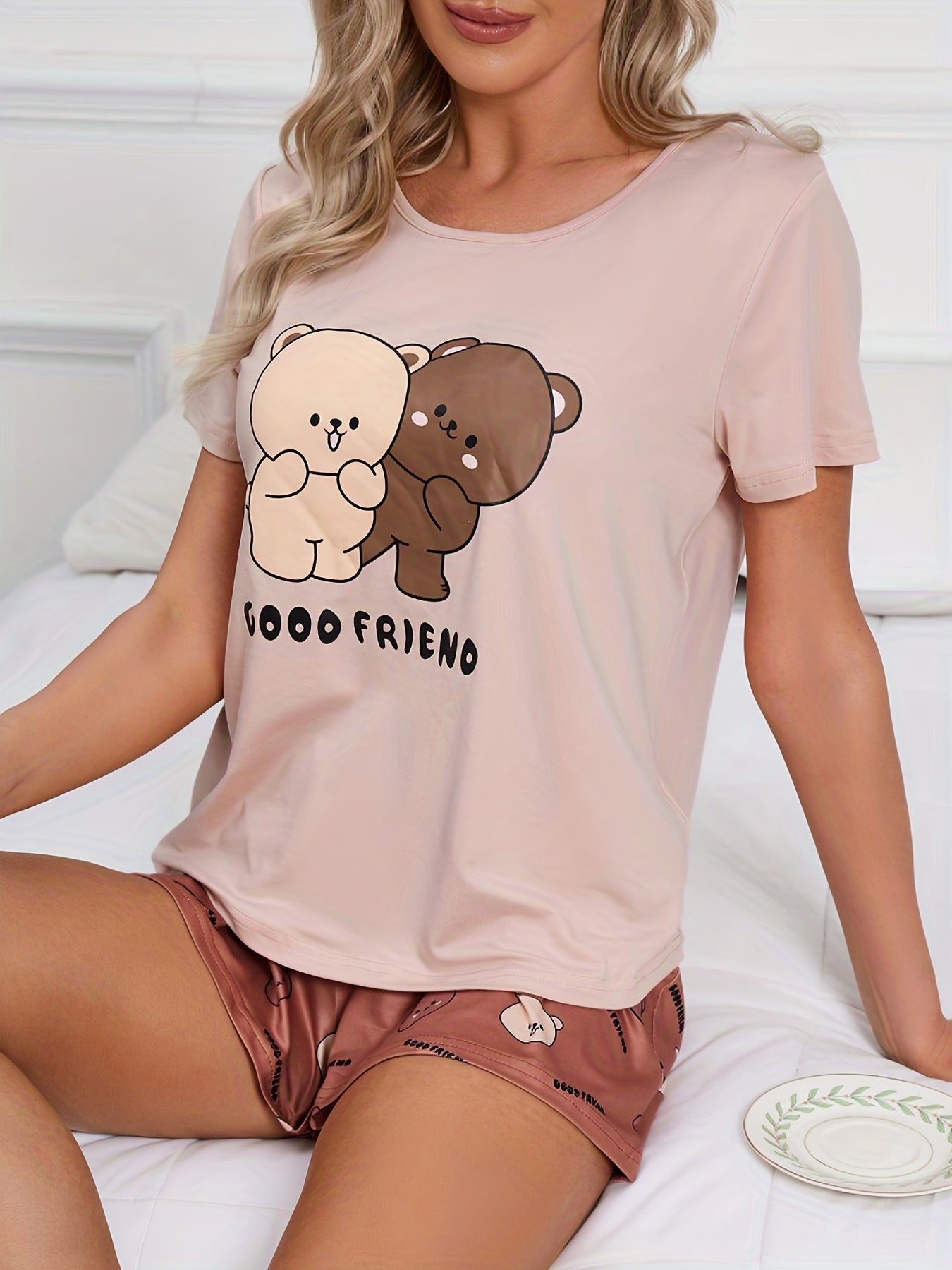 Bear Print Lounge Set Short Sleeve Top & Elastic Shorts