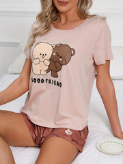 Bear Print Lounge Set Short Sleeve Top & Elastic Shorts