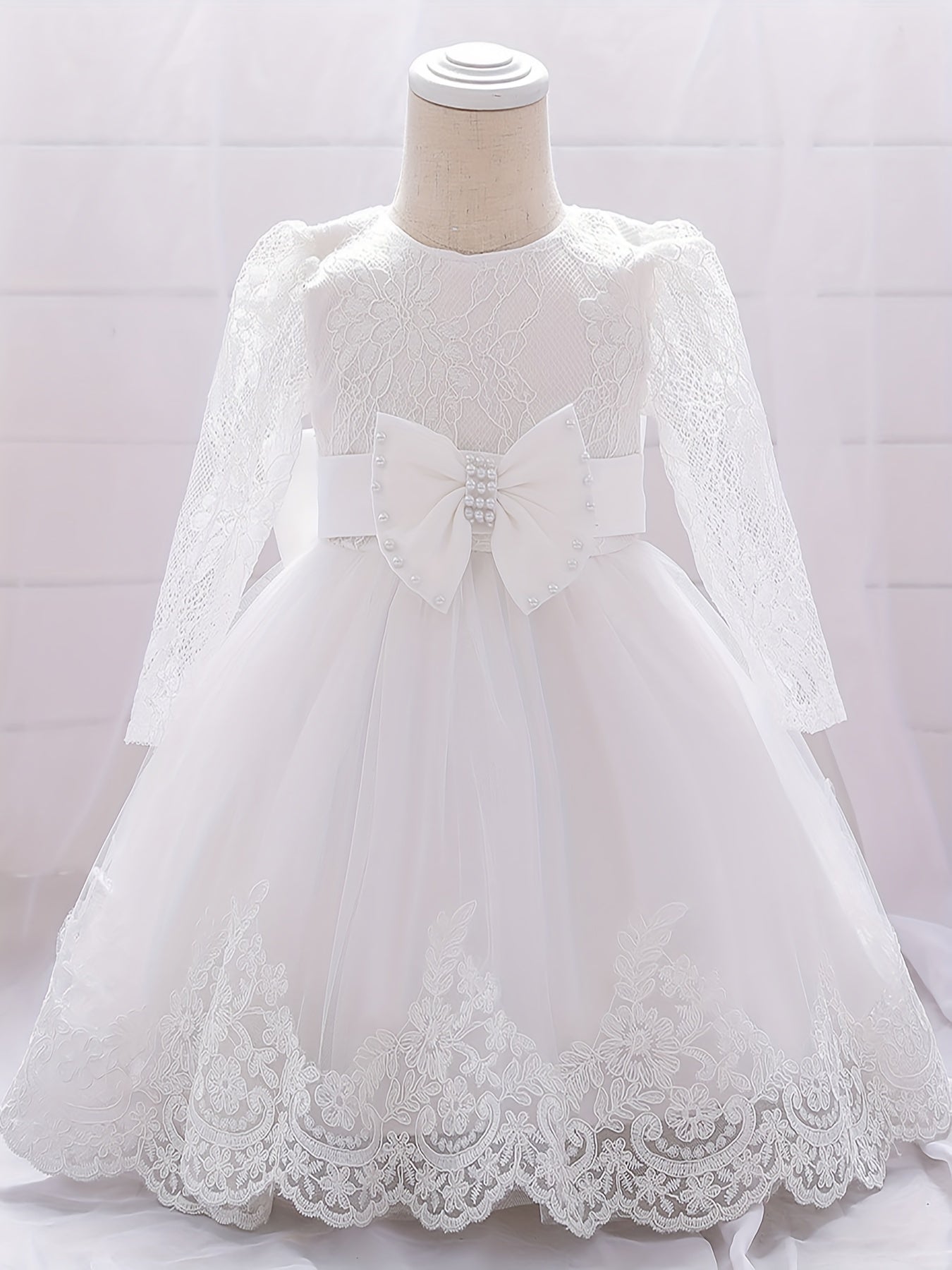 Baby Girls Floral Embroidery Long Sleeve Mesh Gown Princess Dress