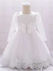 Baby Girls Floral Embroidery Long Sleeve Mesh Gown Princess Dress
