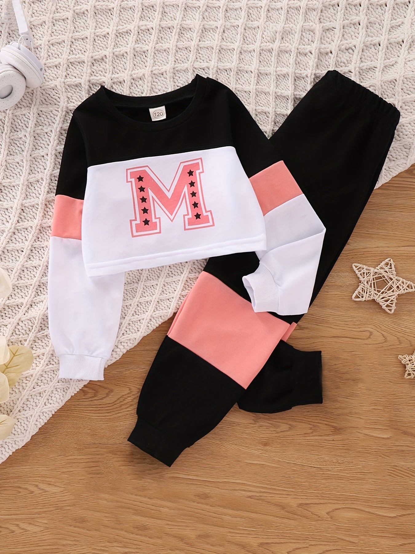 Girl's 2pcs Letter M Sweatshirt & Sweatpants Set for Spring Fall