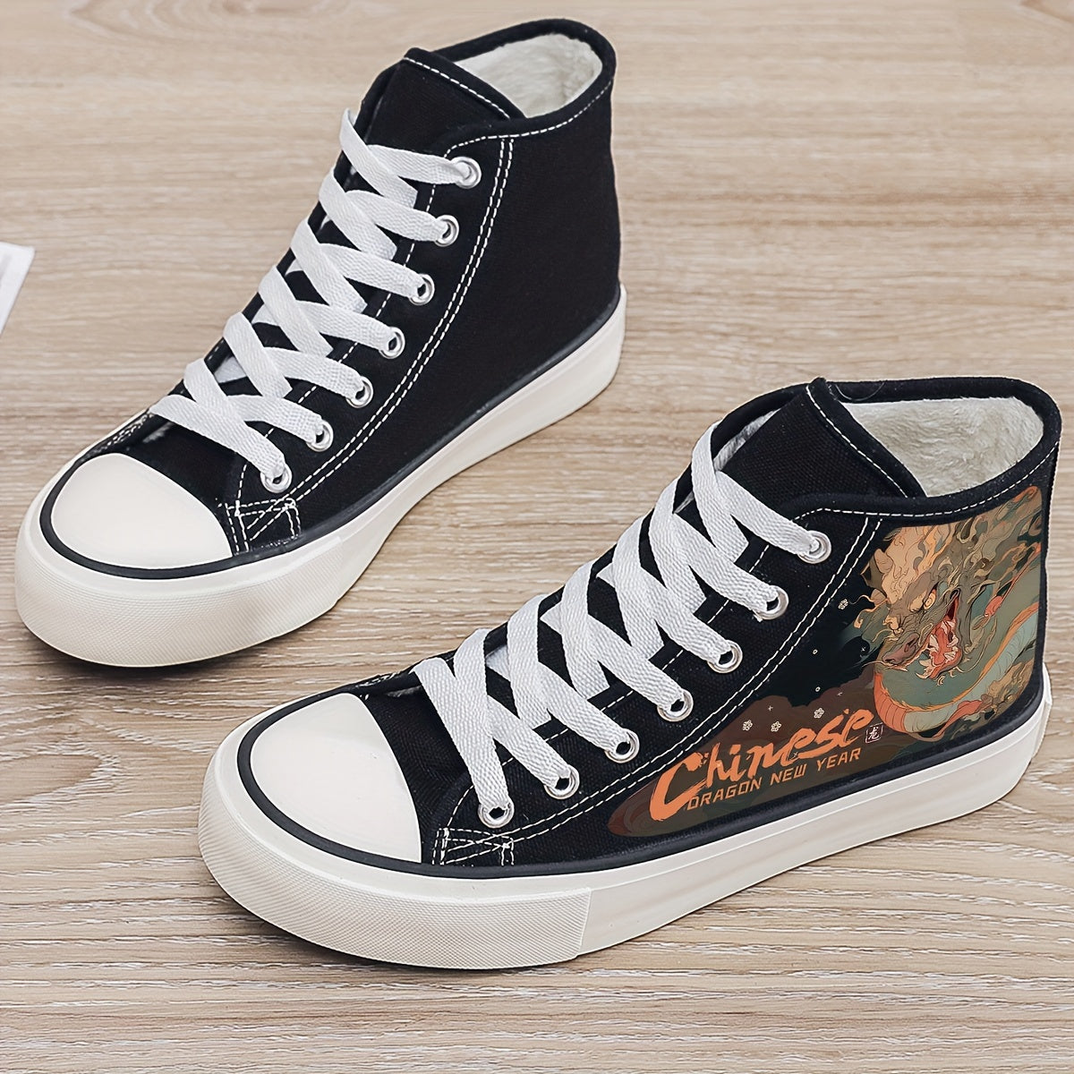 Dragon Print Plush Lined Chunky Canvas Sneakers