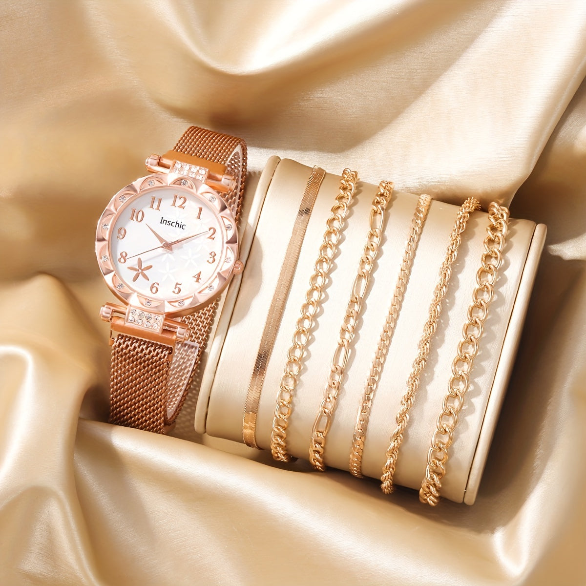 Rhinestone Studded Quartz Watch & 6 Bracelets Set