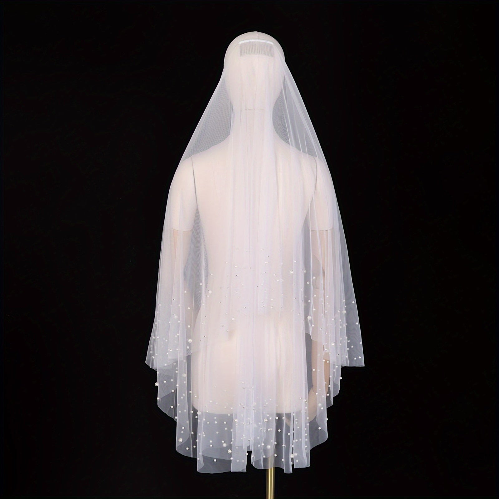 Double Layer Bridal Veil with Pearl Embellishments and Hair Comb