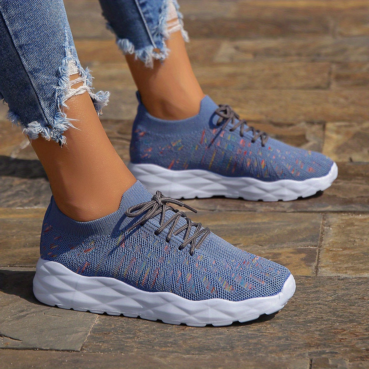 Women's Knit Lace Up Sneakers Breathable Sports Shoes