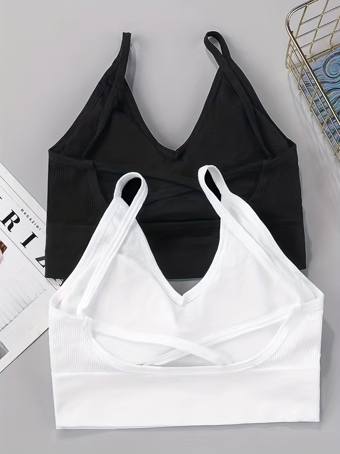 2pcs Ribbed Cami Tops V Neck Hollow Out Crop Top Women's Lingerie