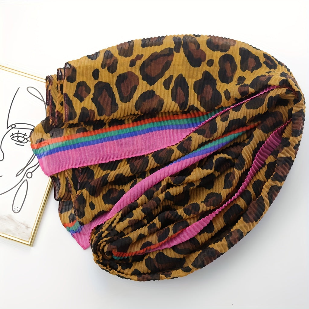 Leopard Print Crinkle Scarf Vintage Block Shawl Classic Head Wrap