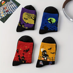 4 Pairs Halloween Print Socks Comfy & Breathable Mid Tube Women's Stockings