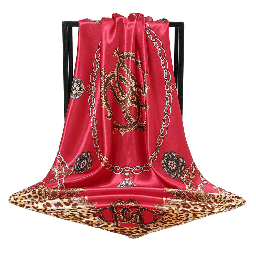 Chain Leopard Satin Square Scarf Retro Colorful Warm Shawl