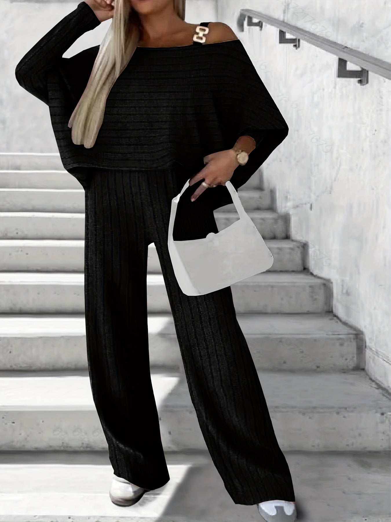 Ribbed Bat Sleeve One Shoulder Top & Pants Set