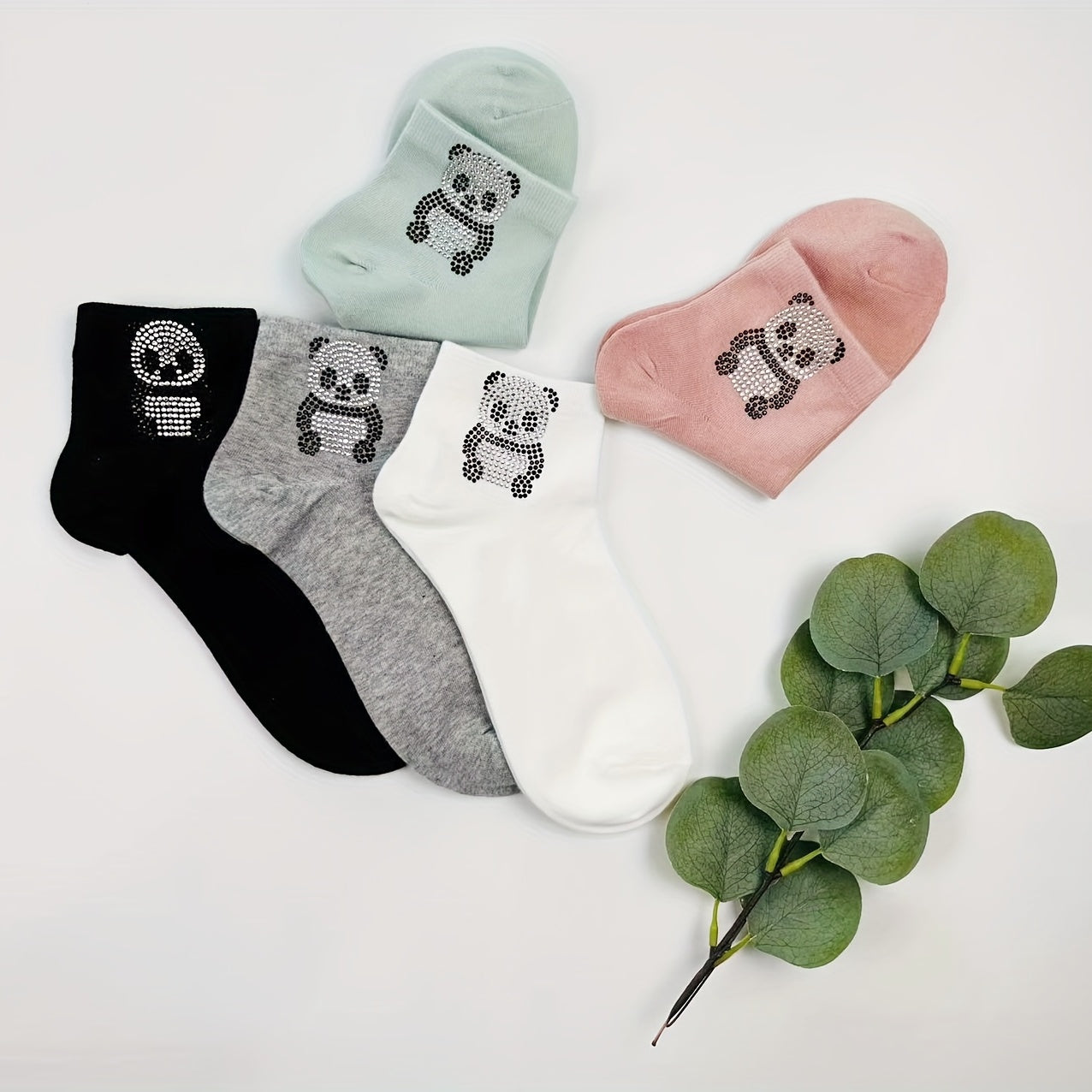 Panda Rhinestone Decor Socks Crew Short Women's Stockings