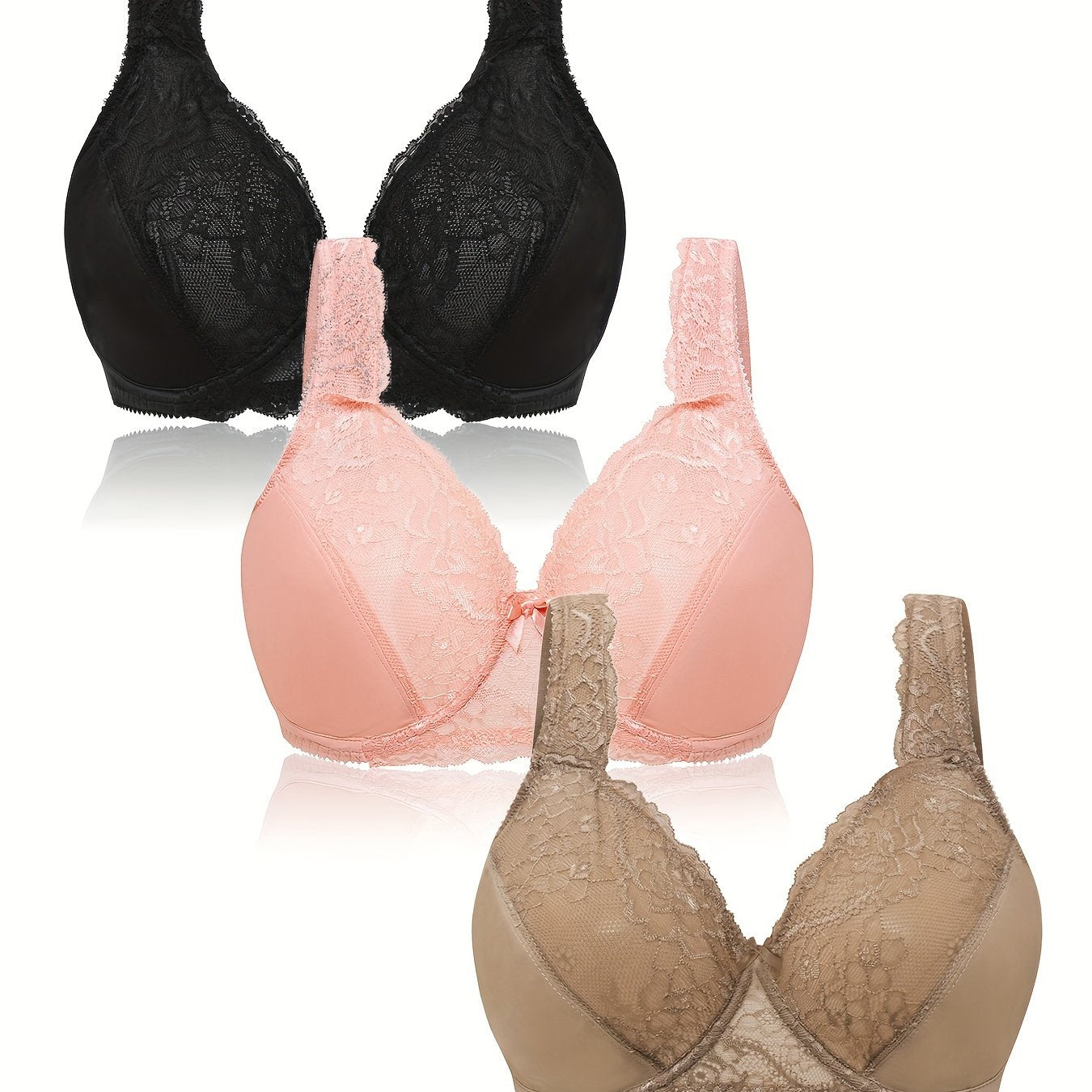 3 Pack Plus Size Lace Full Cover Bras Set Underwire Wide Straps 3pcs
