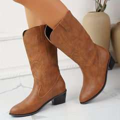 Women's Brown Wing Embroidery Chunky Heel Boots Point Toe Cowboy Boots