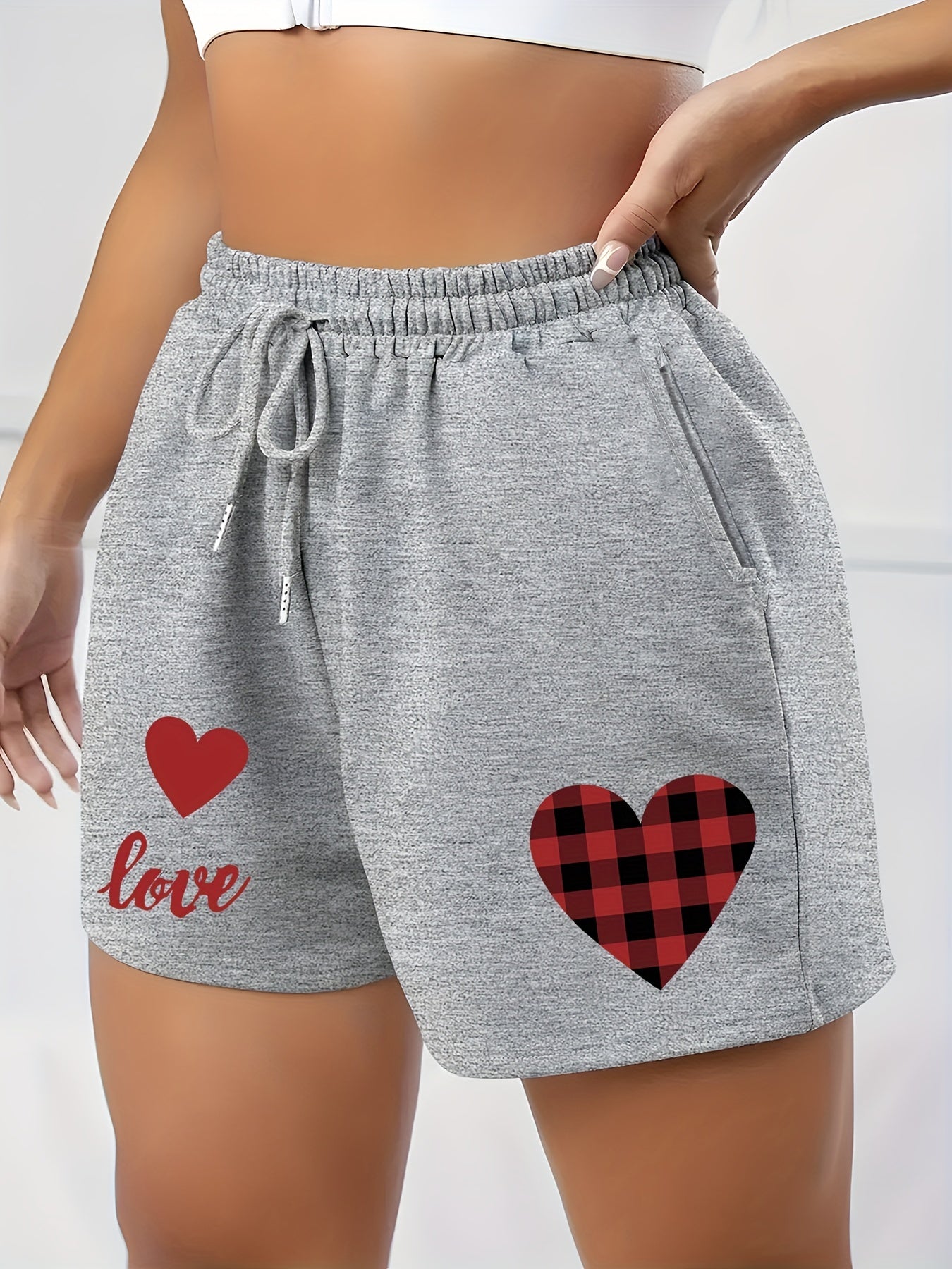 Gingham Heart & Letter Print Sports Shorts with Pockets