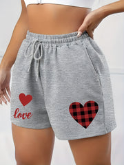 Gingham Heart & Letter Print Sports Shorts with Pockets