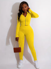 Casual Two-piece Set Zip Up Outerwear & High Waist Pants