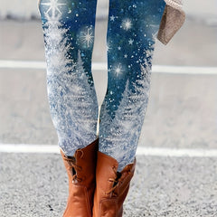 Snowflake Print Slim Leggings Elastic Waist Women's Clothing