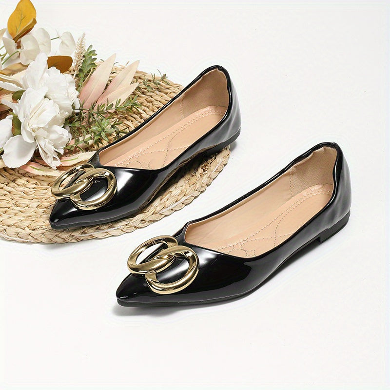 Pointed Toe Flats with Metallic Buckle Patent Leather Slip On Shoes