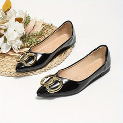Pointed Toe Flats with Metallic Buckle Patent Leather Slip On Shoes