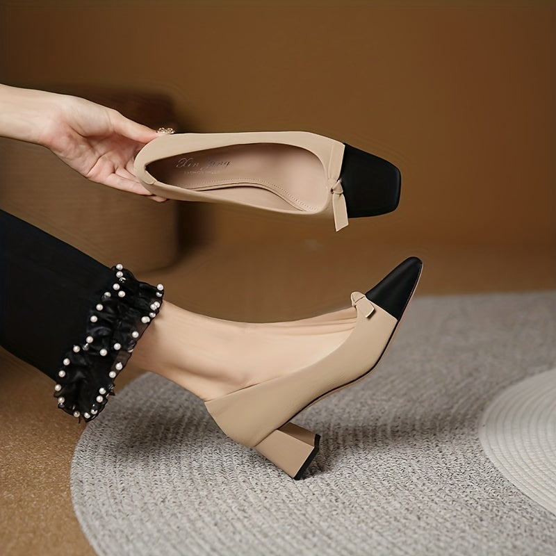 Chic Bowknot Chunky Heels Square Toe Mid Heel Shoes