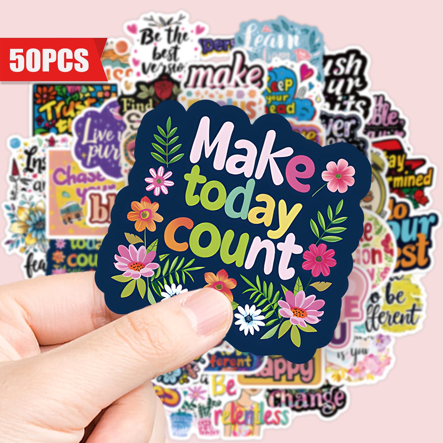 50pcs Inspirational Waterproof Vinyl Stickers with Quotes & Floral Designs