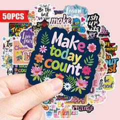 50pcs Inspirational Waterproof Vinyl Stickers with Quotes & Floral Designs