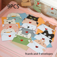 9pcs Cartoon Envelope Greeting Card Holiday Wishes Postcards Of Animals
