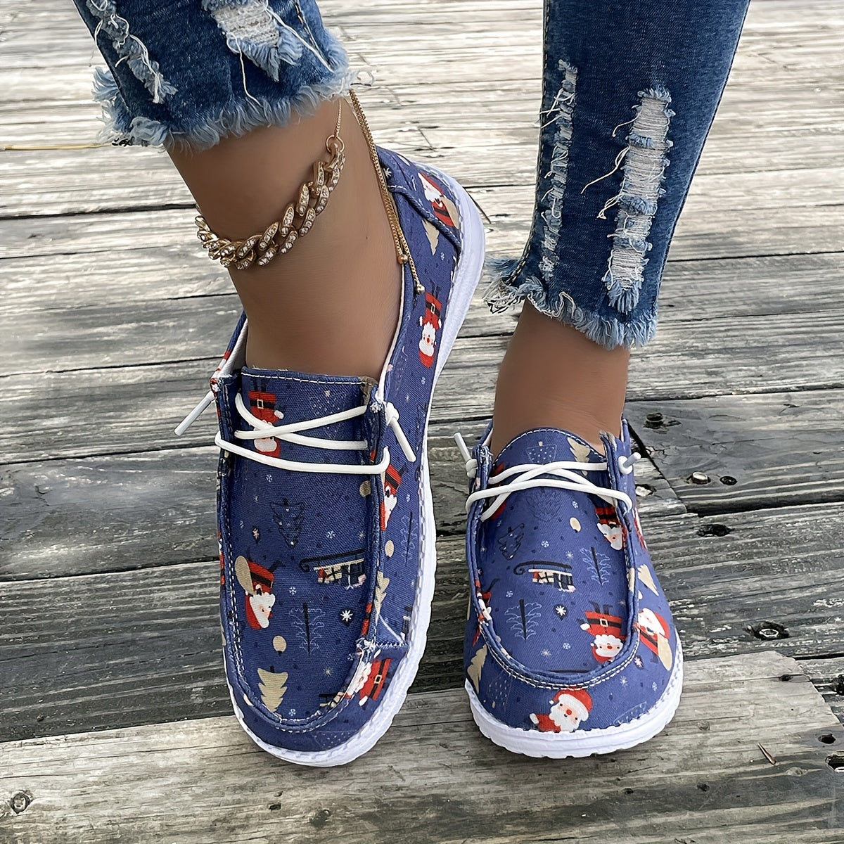 Christmas Snowman Santa Tree Cartoon Print Slip on Sneakers Lightweight Low