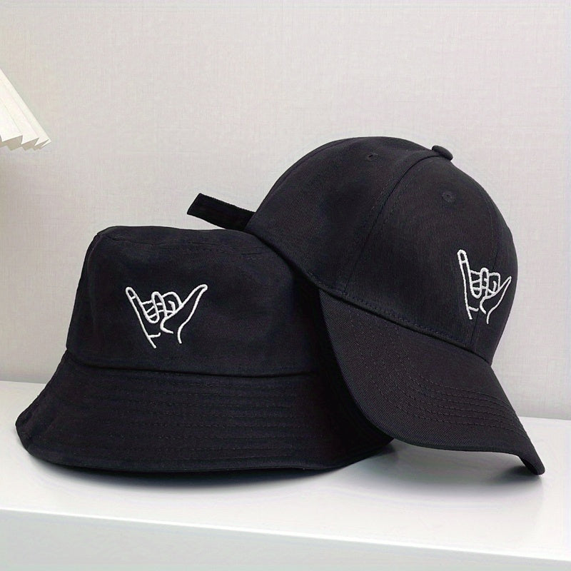 2pcs Gesture Embroidered Bucket Hat Set Unisex Sun Hat