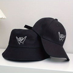 2pcs Gesture Embroidered Bucket Hat Set Unisex Sun Hat