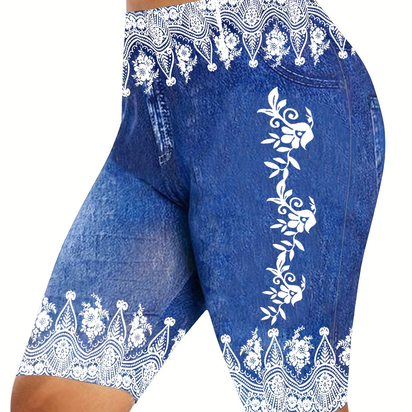 Denim & Floral Print Slim Fit Sporty Shorts