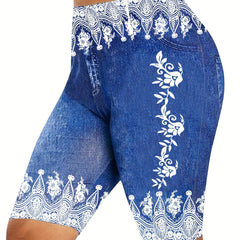 Denim & Floral Print Slim Fit Sporty Shorts