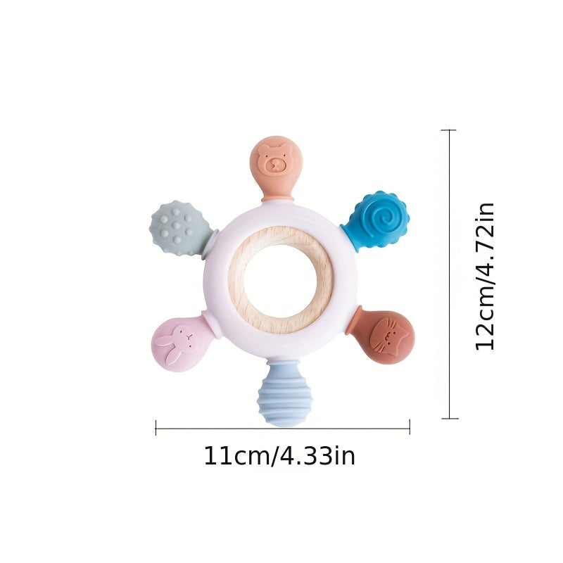 Silicone Baby Teether Rudder Shape Wooden Teether Ring Touch Training BPA Toy