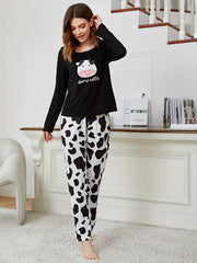 Cow Print Pajama Set Long Sleeve Crew Neck Top & Pants Women's Sleepwear