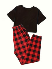 Casual Lounge Set Solid Crop Top & Plaid Joggers Pajamas