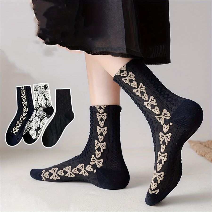 3 Pairs Vintage Textured Socks Women's Mid Tube Stockings