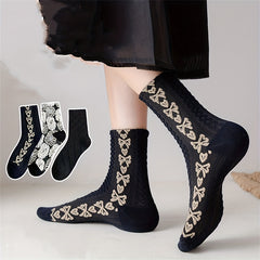 3 Pairs Vintage Textured Socks Women's Mid Tube Stockings