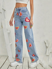 Heart Pattern High Waist Straight Jeans Slash Pockets Denim Pants
