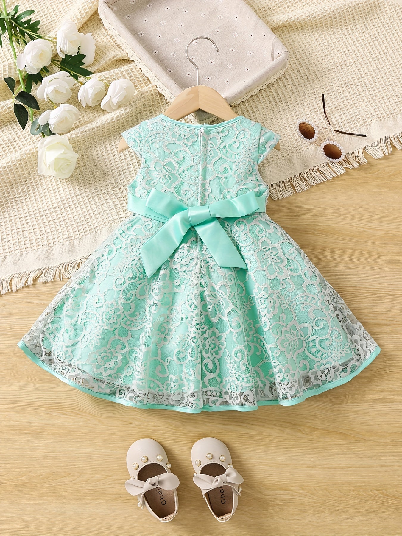 Girls Lace Mesh Flutter Sleeve Bow Front Party Princess Dress