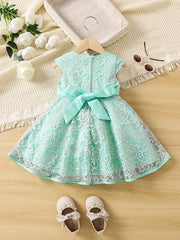 Girls Lace Mesh Flutter Sleeve Bow Front Party Princess Dress