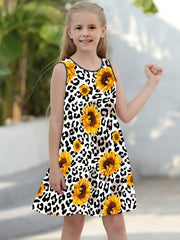 Leopard Sunflower Print Sleeveless T Shirt Dress for Girls