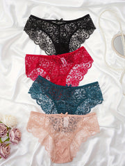 4pcs Lace Bow Tie Briefs Scalloped Panties Women's Lingerie