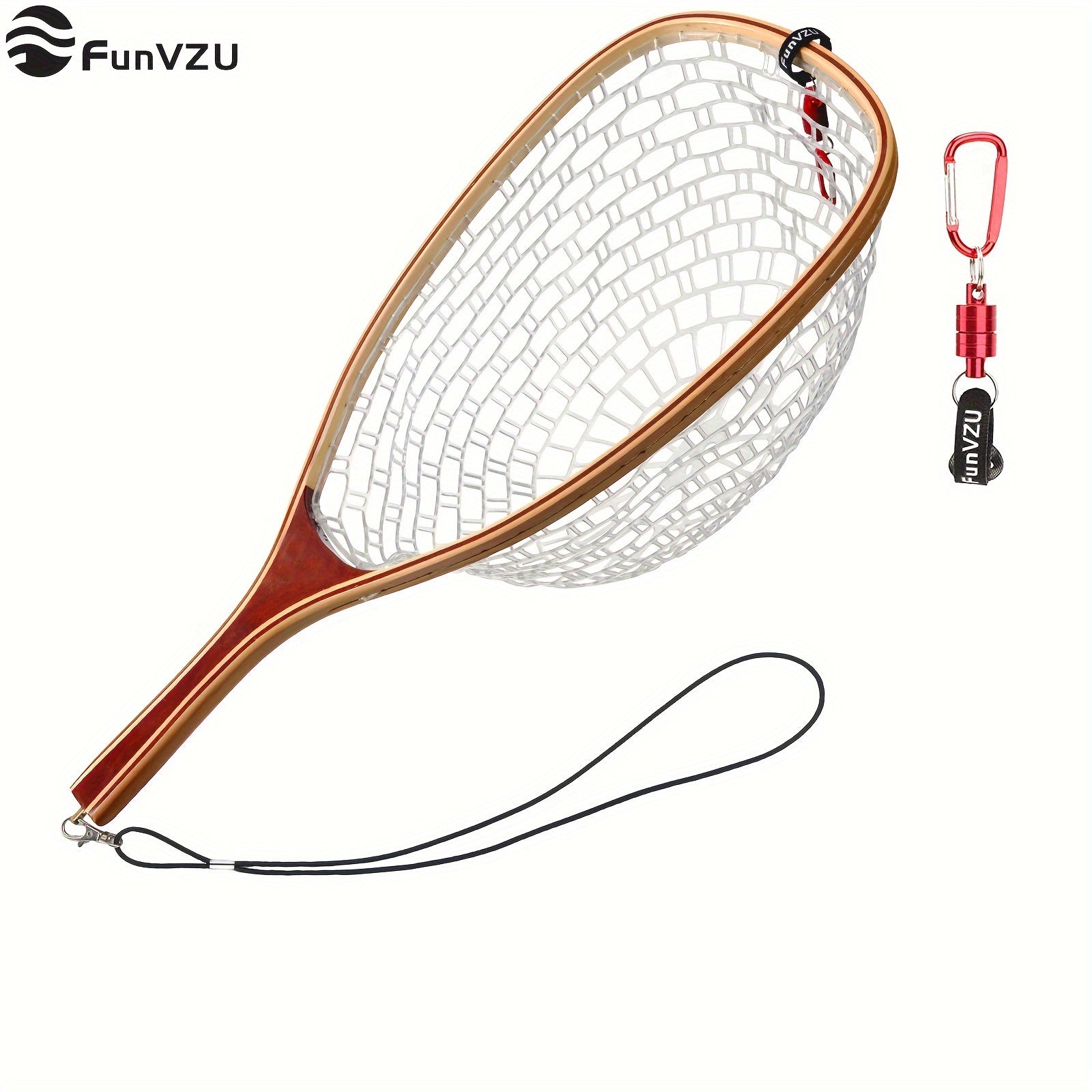 FunVZU Magnetic Trout Net Release Soft Rubber Mesh Wood Handle Safety Cord