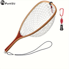 FunVZU Magnetic Trout Net Release Soft Rubber Mesh Wood Handle Safety Cord