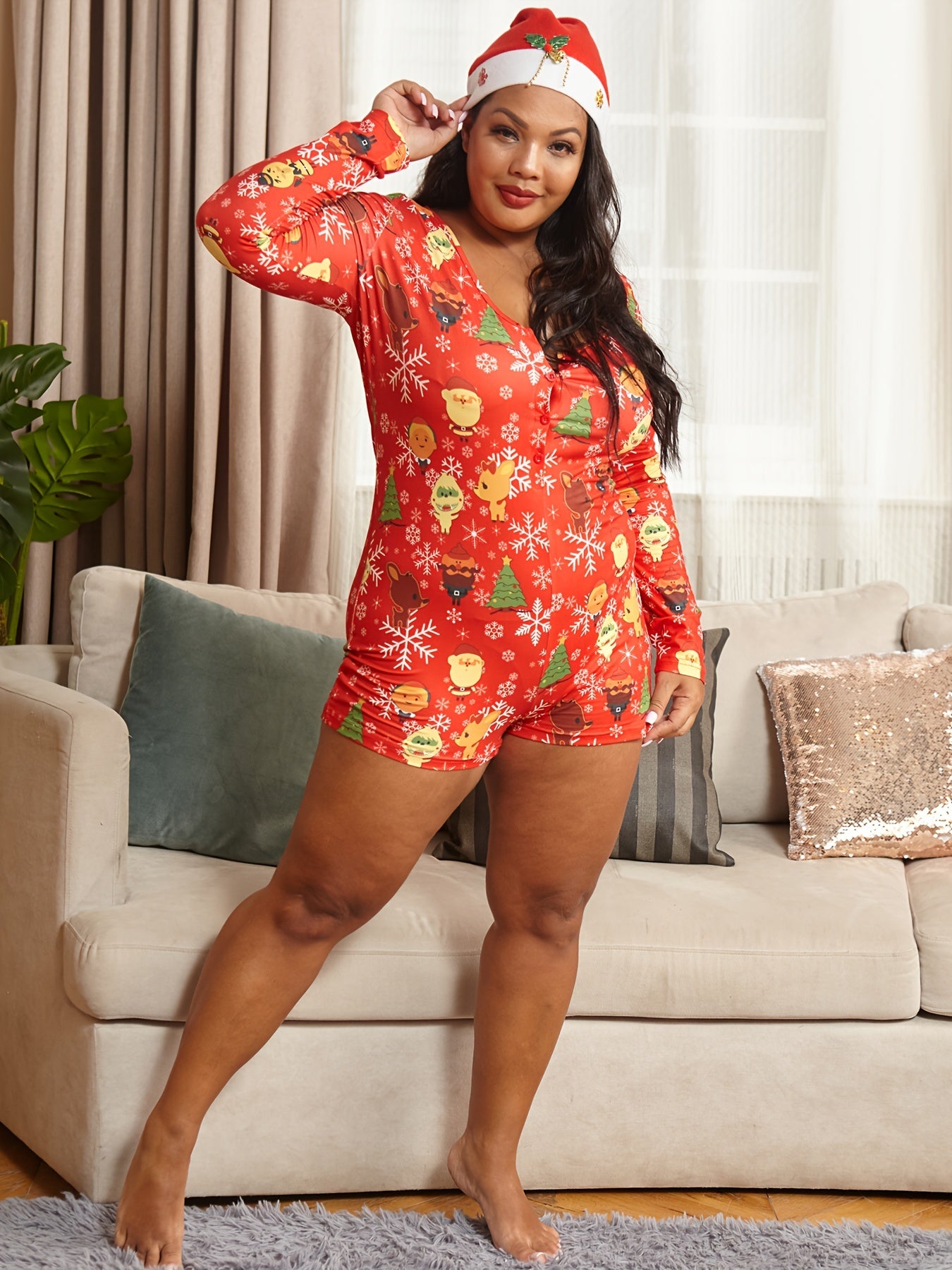 Christmas Casual Romper Women's Plus Graphic Print Long Sleeve