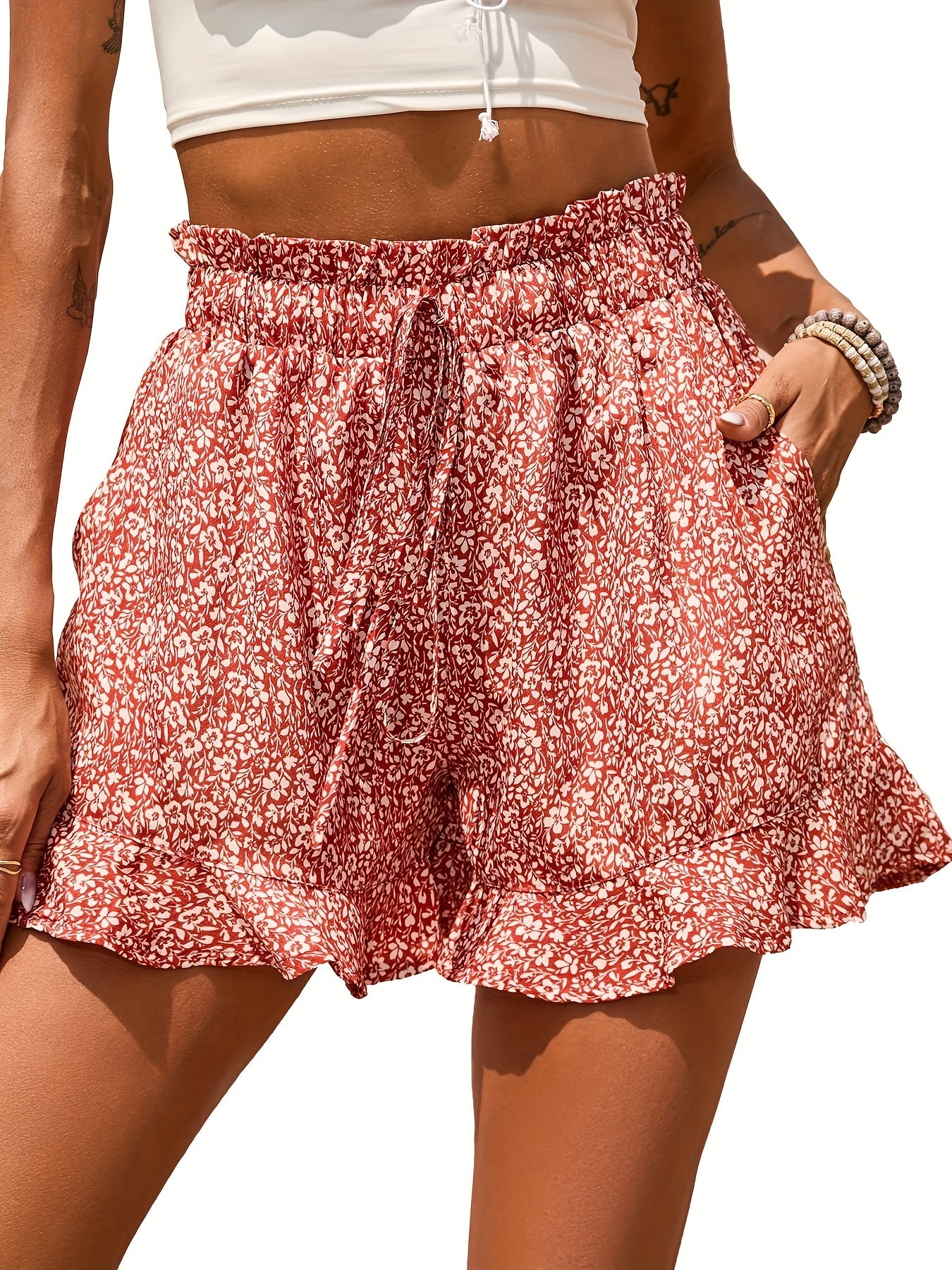 Boho Floral Ruffle Trim Shorts Elastic Waist Drawstring Summer Shorts