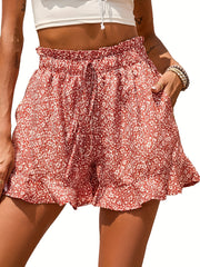 Boho Floral Ruffle Trim Shorts Elastic Waist Drawstring Summer Shorts