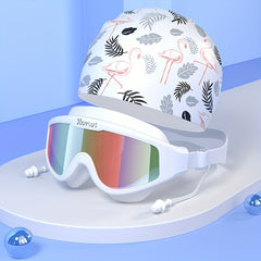Animal Print Swimming Glasses Set with Swim Cap - Anti-fog Goggles and Hat Combo