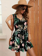 Vacation Floral Print Tie Back Dress V Neck Sleeveless Slim Waist Dress
